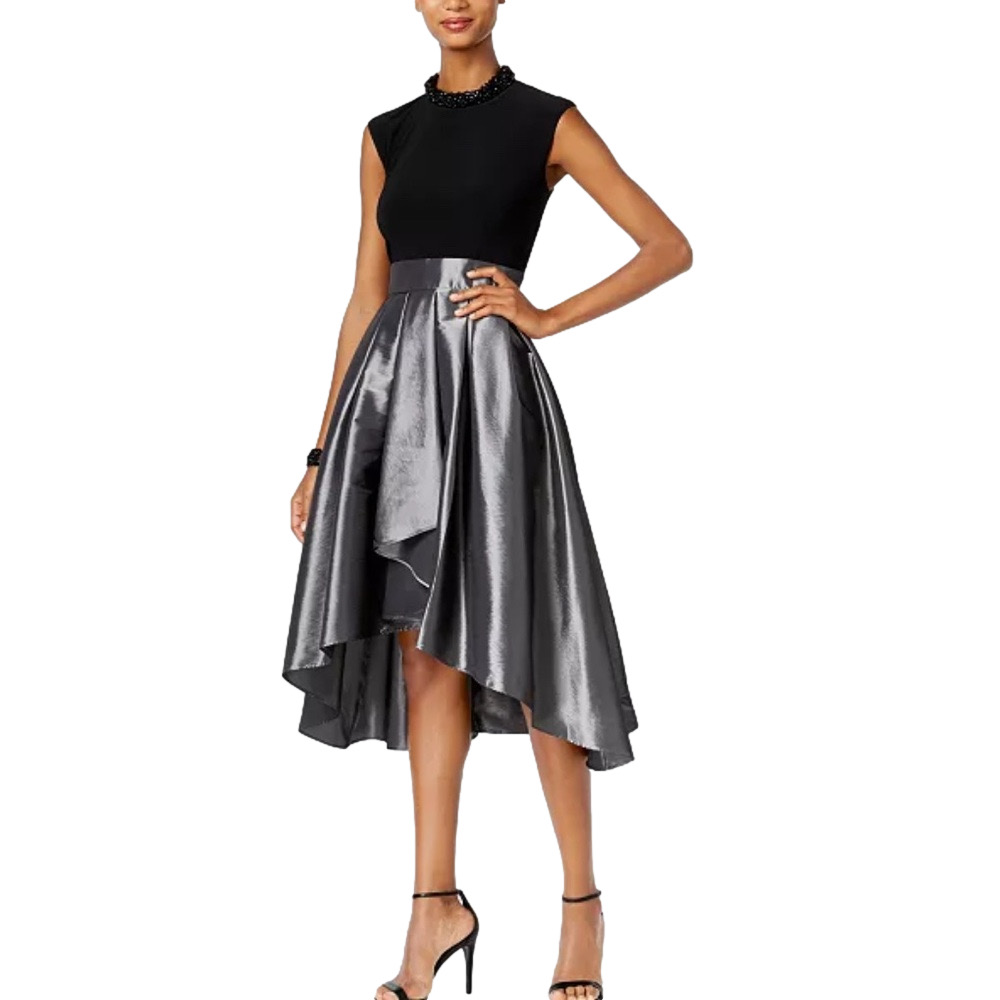 SLNY Gray and Black Asymmetrical Cocktail Dress